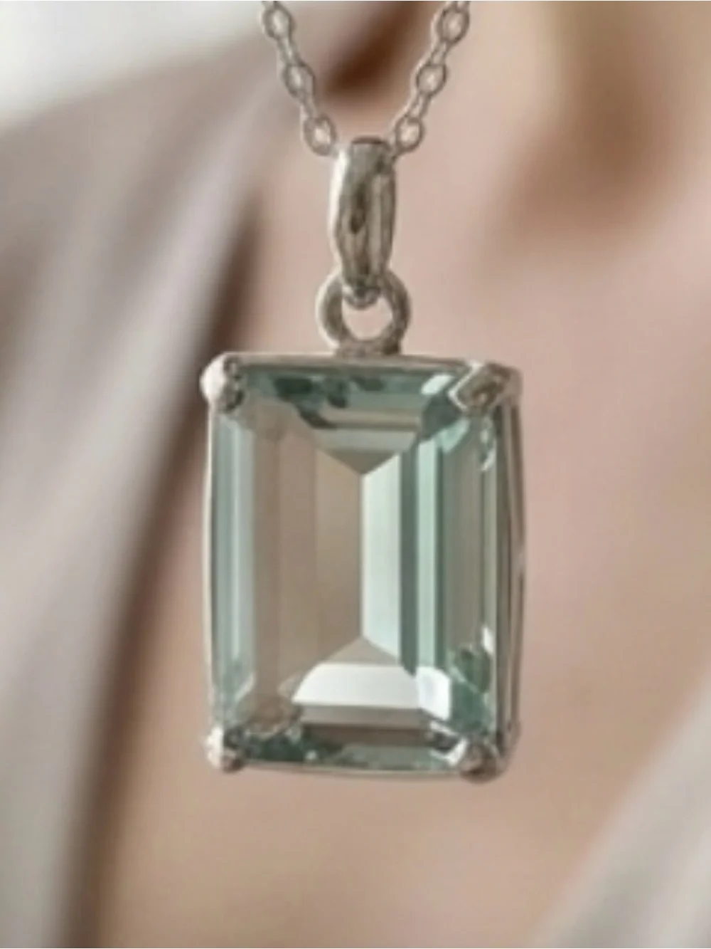 Vintage Sterling Silver Rectangular Topaz Pendant Necklace - Pale Blue